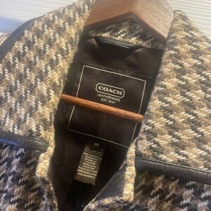 Vintage COACH Wool Houndstooth Coat with Leather Trim Tan Brown Cream Women's M